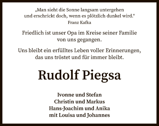 Traueranzeige von Rudolf Piegsa von SYK