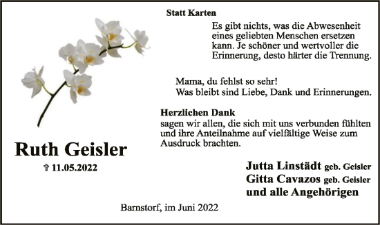 Traueranzeige von Ruth Geisler von SYK