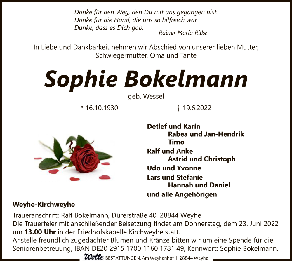  Traueranzeige für Sophie Bokelmann vom 22.06.2022 aus SYK