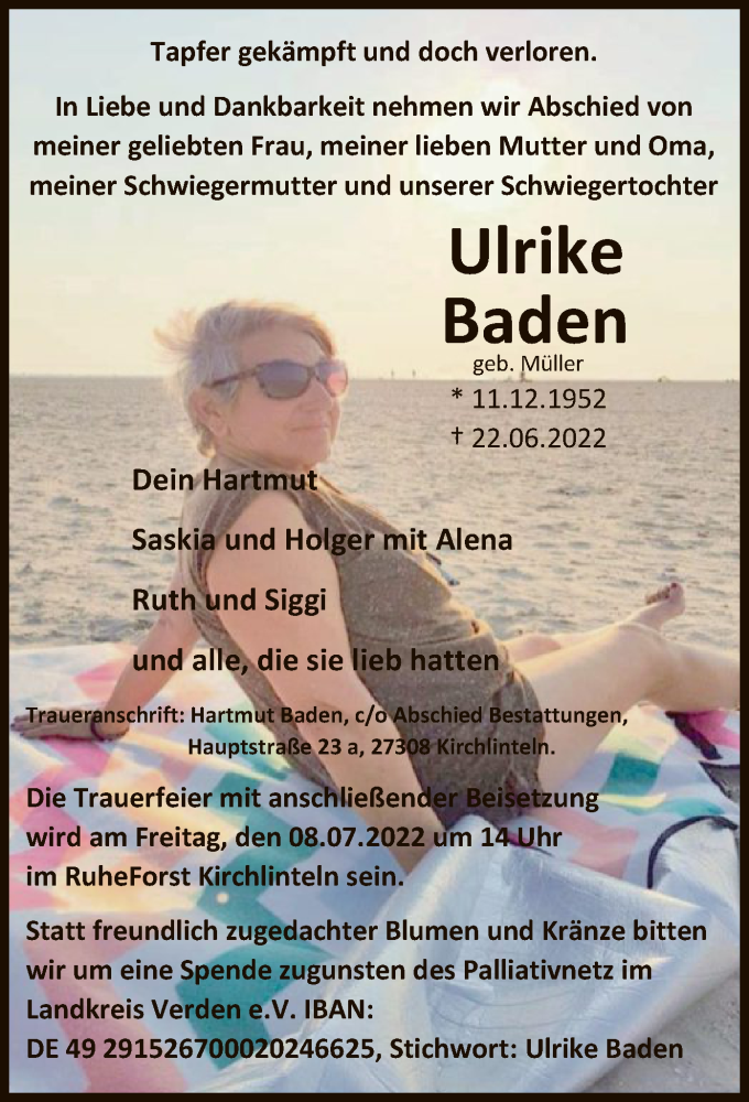  Traueranzeige für Ulrike Baden vom 28.06.2022 aus SYK