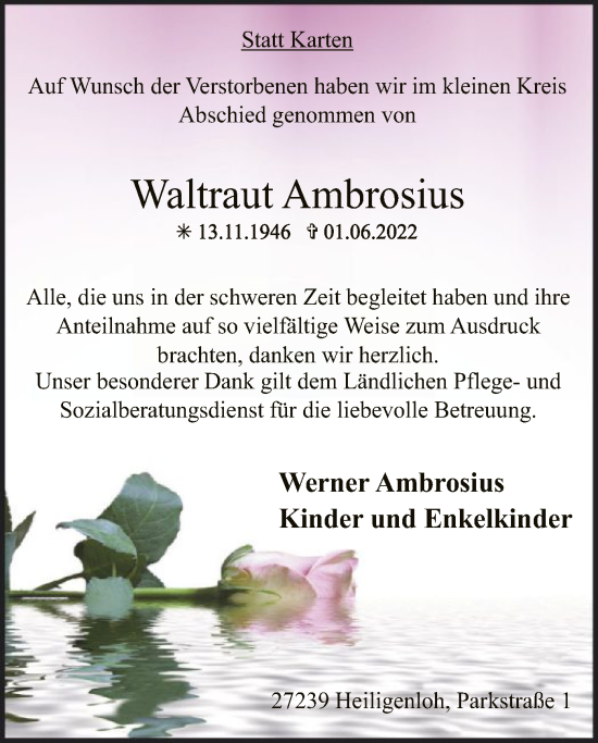 Traueranzeige von Waltraut Ambrosius von SYK