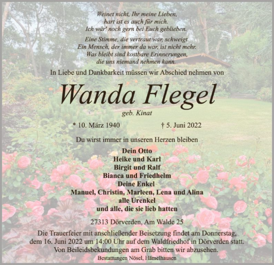 Traueranzeige von Wanda Flegel von SYK