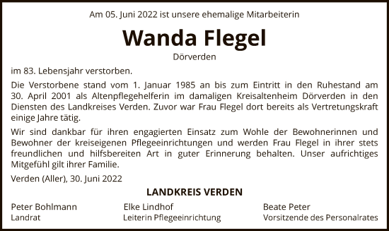 Traueranzeige von Wanda Flegel von SYK