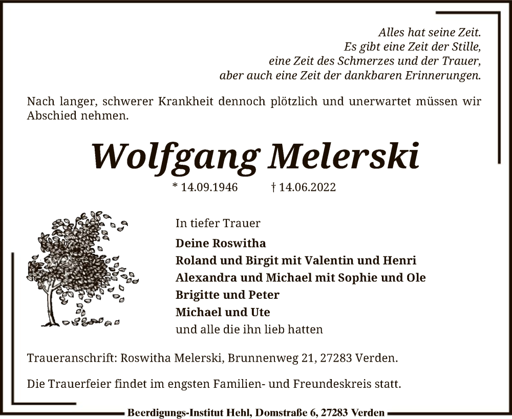  Traueranzeige für Wolfgang Melerski vom 25.06.2022 aus SYK