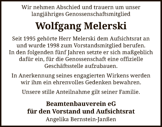 Traueranzeige von Wolfgang Melerski von SYK