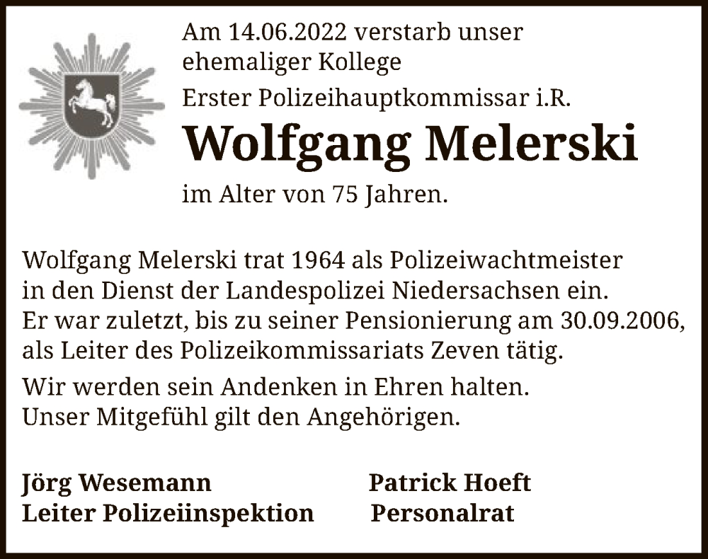  Traueranzeige für Wolfgang Melerski vom 25.06.2022 aus SYK