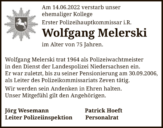 Traueranzeige von Wolfgang Melerski von SYK