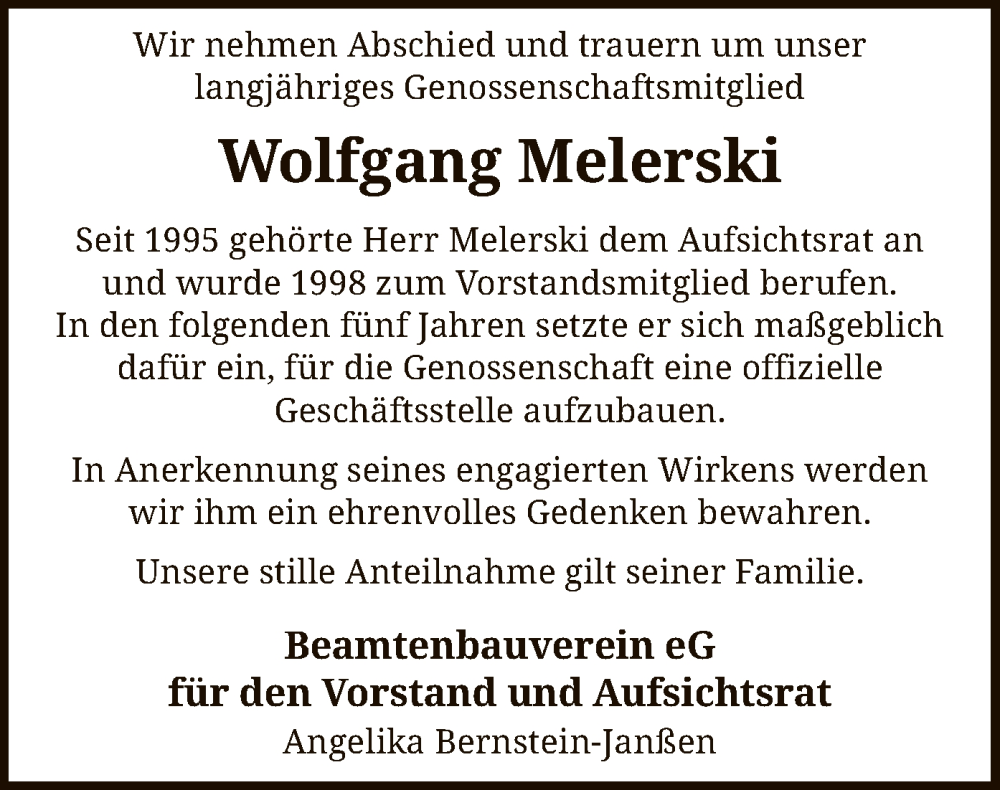  Traueranzeige für Wolfgang Melerski vom 25.06.2022 aus SYK