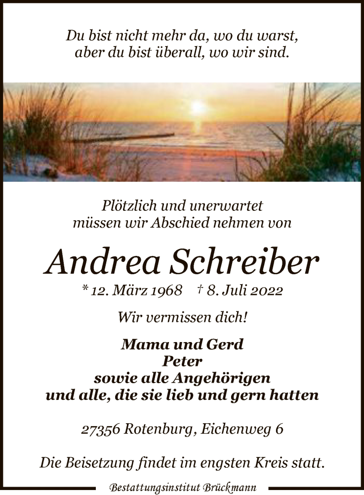  Traueranzeige für Andrea Schreiber vom 14.07.2022 aus SYK