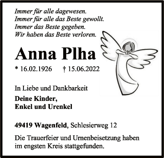 Traueranzeige von Anna Plha von SYK