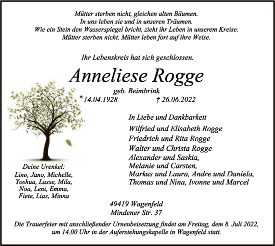 Traueranzeige von Anneliese Rogge von SYK