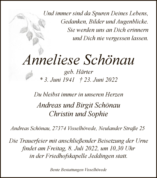 Traueranzeige von Anneliese Schönau von SYK