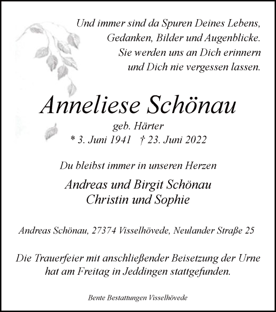 Traueranzeige von Anneliese Schönau von SYK