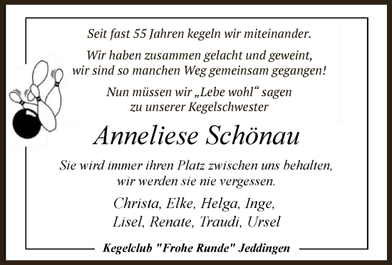 Traueranzeige von Anneliese Schönau von SYK