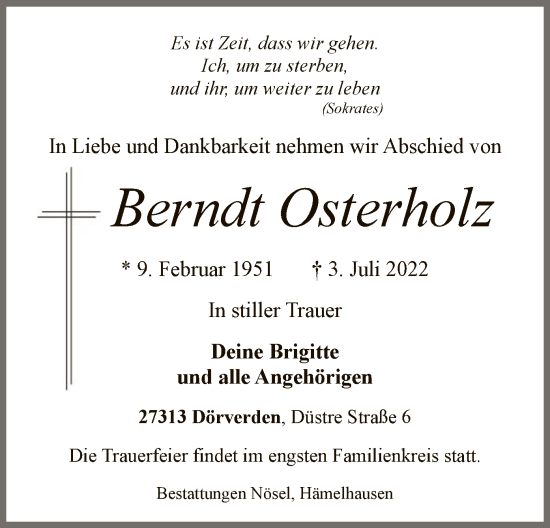 Traueranzeige von Berndt Osterholz von SYK