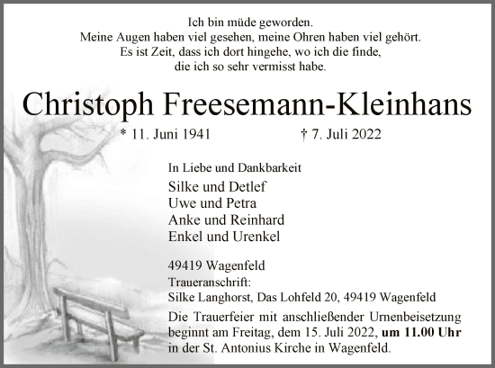 Traueranzeige von Christoph Freesemann-Kleinhans von SYK