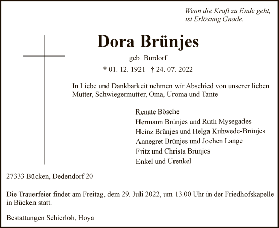 Traueranzeige von Dora Brünjes von SYK