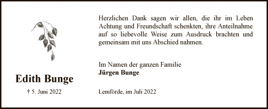 Traueranzeige von Edith Bunge von SYK