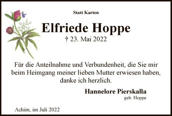 Traueranzeige von Elfriede Hoppe von SYK