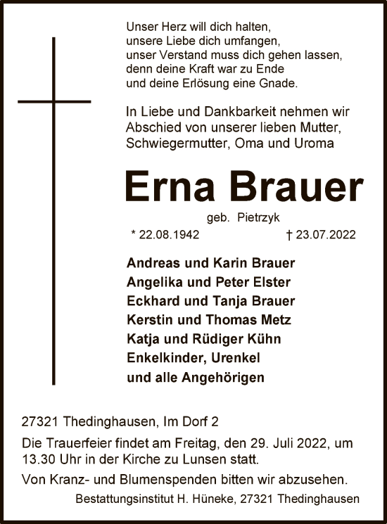 Traueranzeige von Erna Brauer von SYK