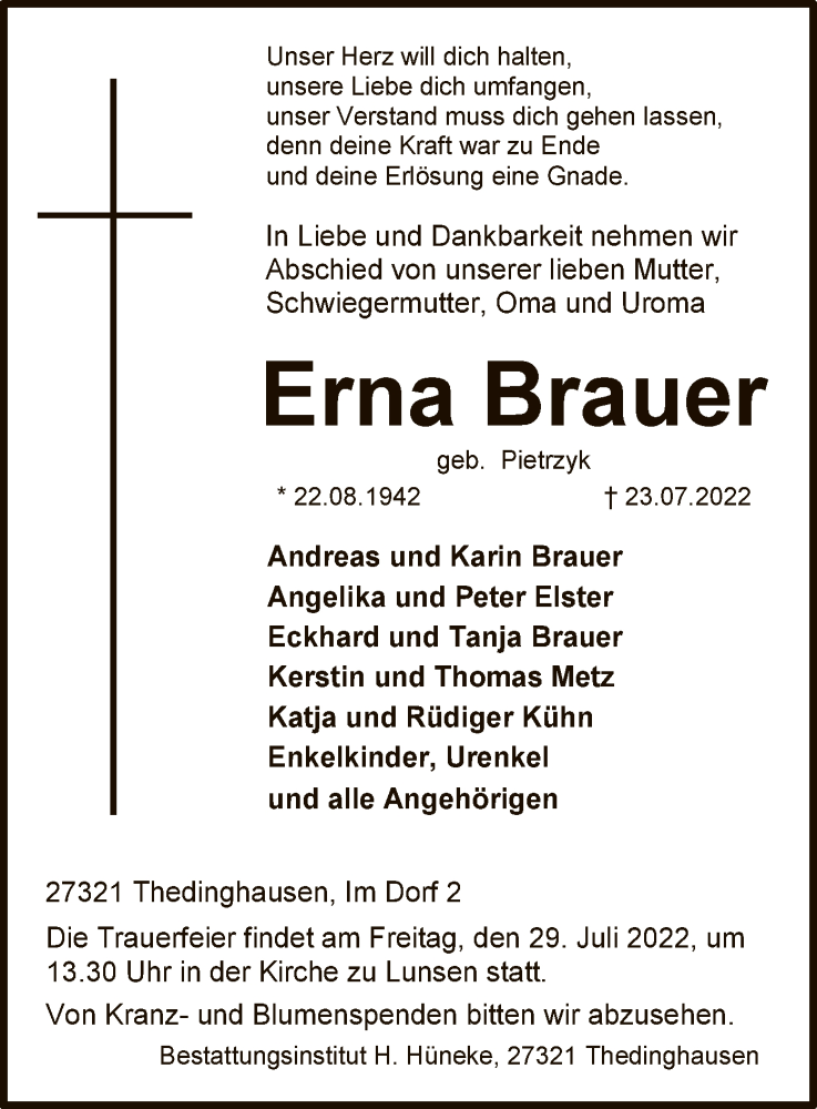  Traueranzeige für Erna Brauer vom 26.07.2022 aus SYK