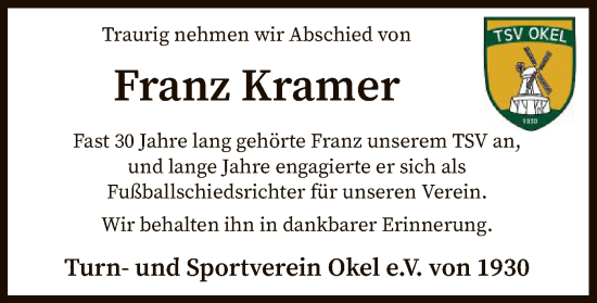 Traueranzeige von Franz Kramer von SYK