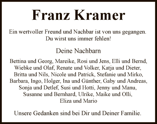 Traueranzeige von Franz Kramer von SYK