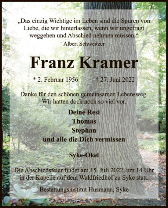 Traueranzeige von Franz Kramer von SYK