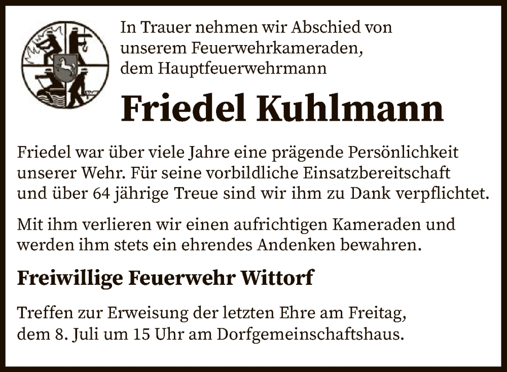  Traueranzeige für Friedel Kuhlmann vom 06.07.2022 aus SYK