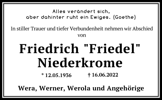 Traueranzeige von Friedrich Niederkrome von SYK