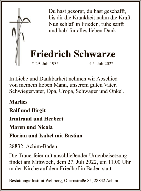 Traueranzeige von Friedrich Schwarze von SYK