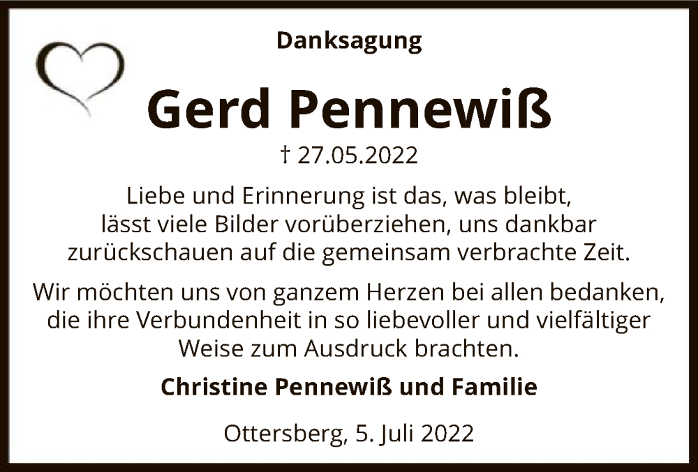  Traueranzeige für Gerd Pennewiß vom 05.07.2022 aus SYK