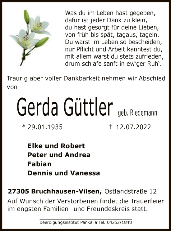 Traueranzeige von Gerda Güttler von SYK