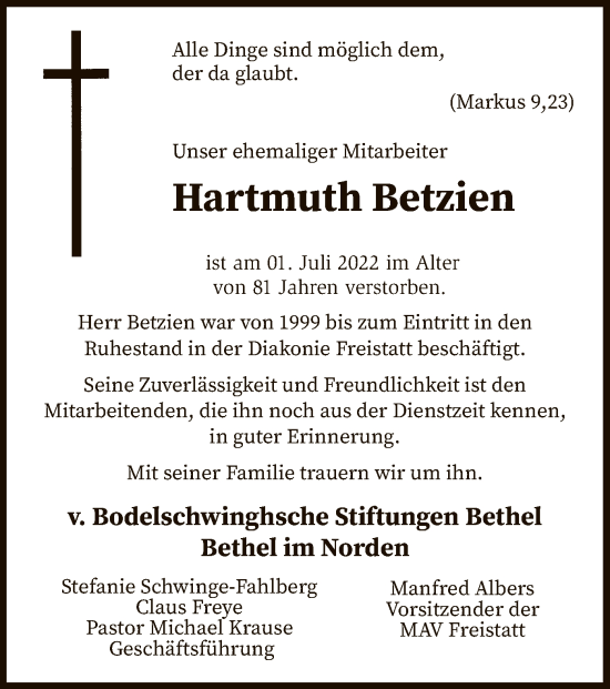 Traueranzeige von Hartmuth Betzien von SYK