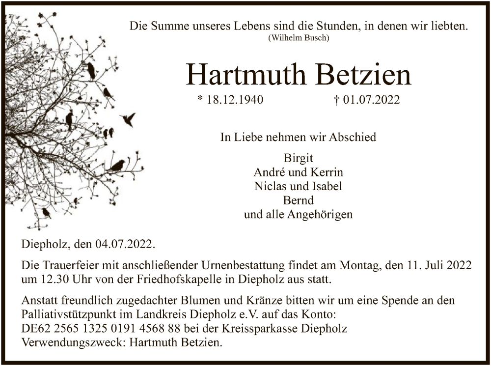  Traueranzeige für Hartmuth Betzien vom 05.07.2022 aus SYK