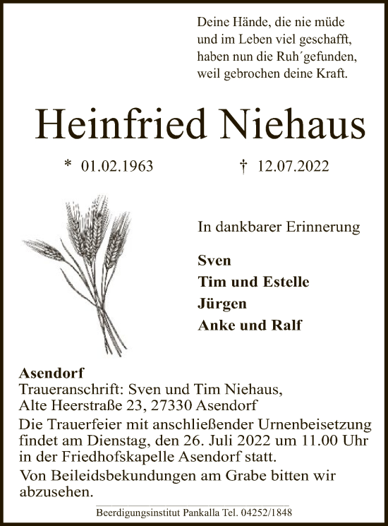 Traueranzeige von Heinfried Niehaus von SYK