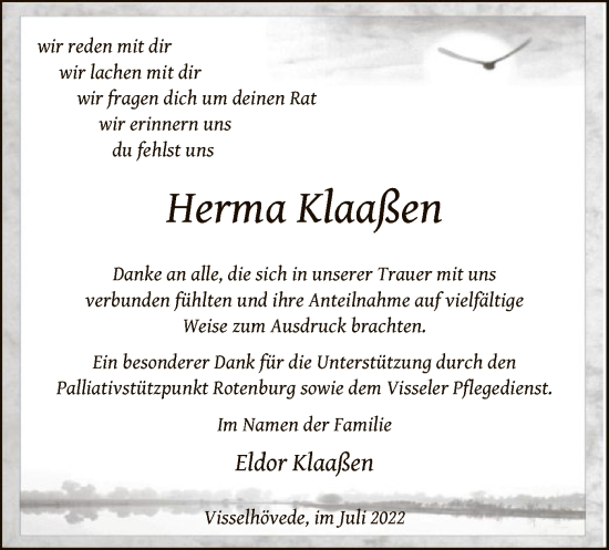 Traueranzeige von Herma Klaaßen von SYK