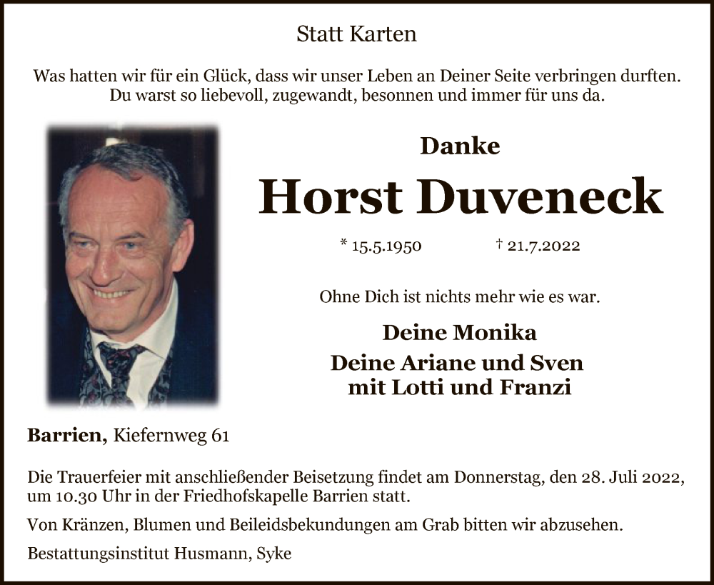  Traueranzeige für Horst Duveneck vom 26.07.2022 aus SYK