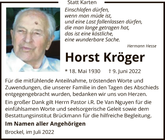 Traueranzeige von Horst Kröger von SYK