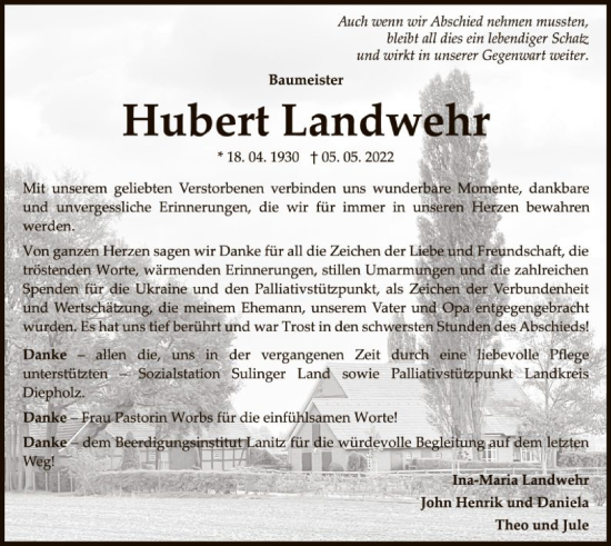 Traueranzeige von Hubert Landwehr von SYK