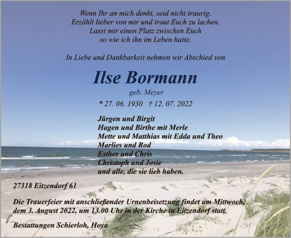  Traueranzeige für Ilse Bormann vom 23.07.2022 aus SYK