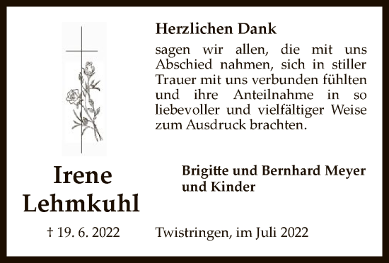 Traueranzeige von Irene Lehmkuhl von SYK