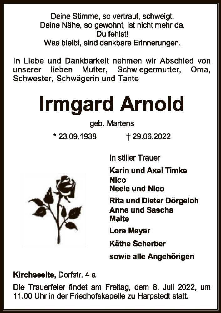  Traueranzeige für Irmgard Arnold vom 02.07.2022 aus SYK
