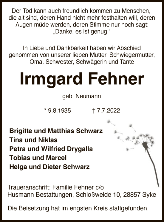 Traueranzeige von Irmgard Fehner von SYK