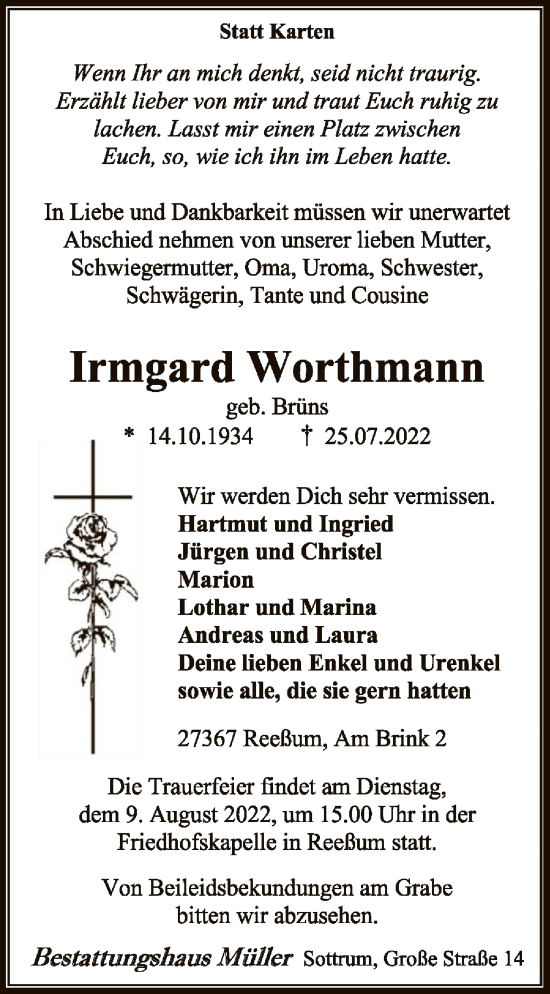 Traueranzeige von Irmgard Worthmann von SYK