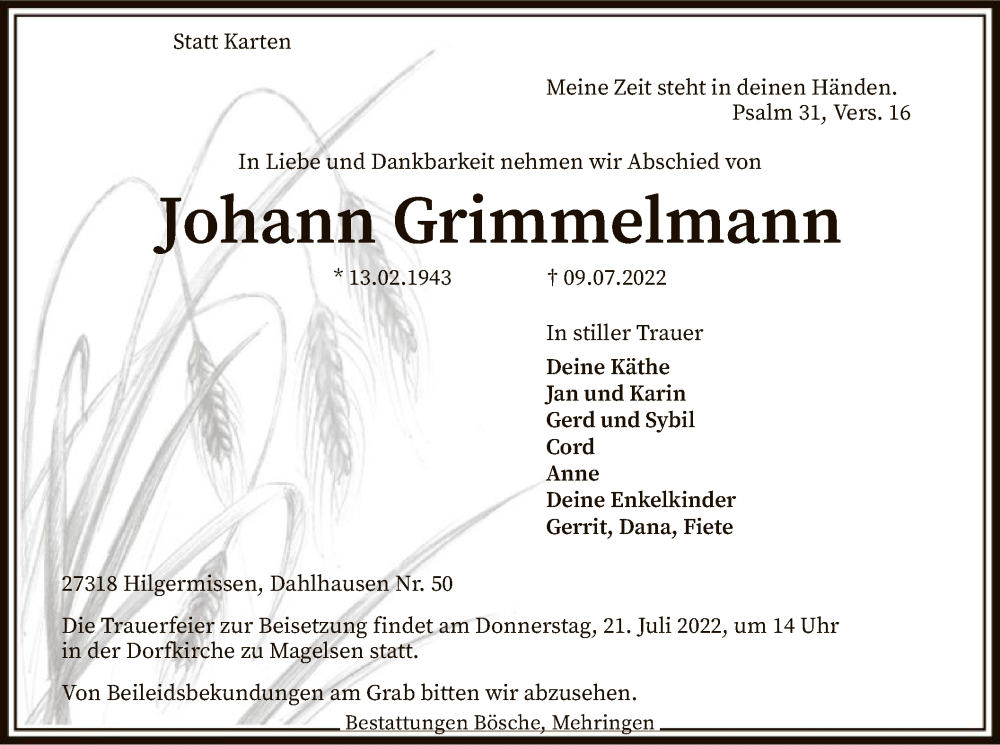  Traueranzeige für Johann Grimmelmann vom 16.07.2022 aus SYK