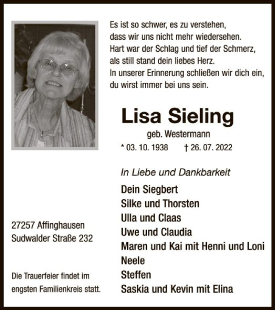 Traueranzeigen von Lisa Sieling | trauer.kreiszeitung.de