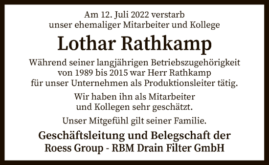 Traueranzeige von Lothar Rathkamp von SYK