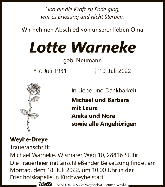 Traueranzeige von Lotte Warneke von SYK