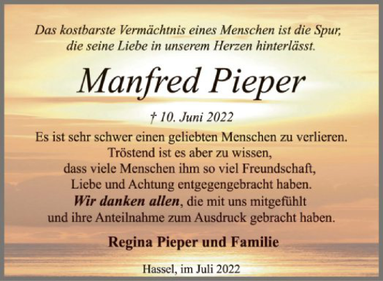 Traueranzeige von Manfred Pieper von SYK